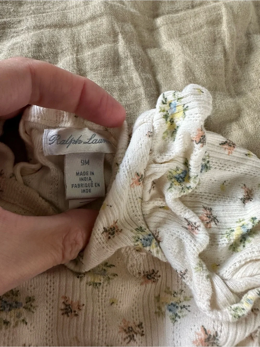 Ralph Lauren White Floral Ruffle Long-Sleeve Baby Bodysuit